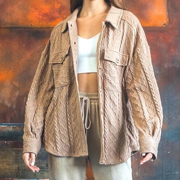 NWT Very J Mocha Cable Knit Button Down Shacket Jacket - Picture 2 of 4